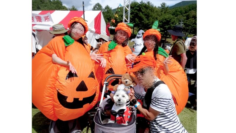 かぼちゃの着ぐるみを北方と記念撮影