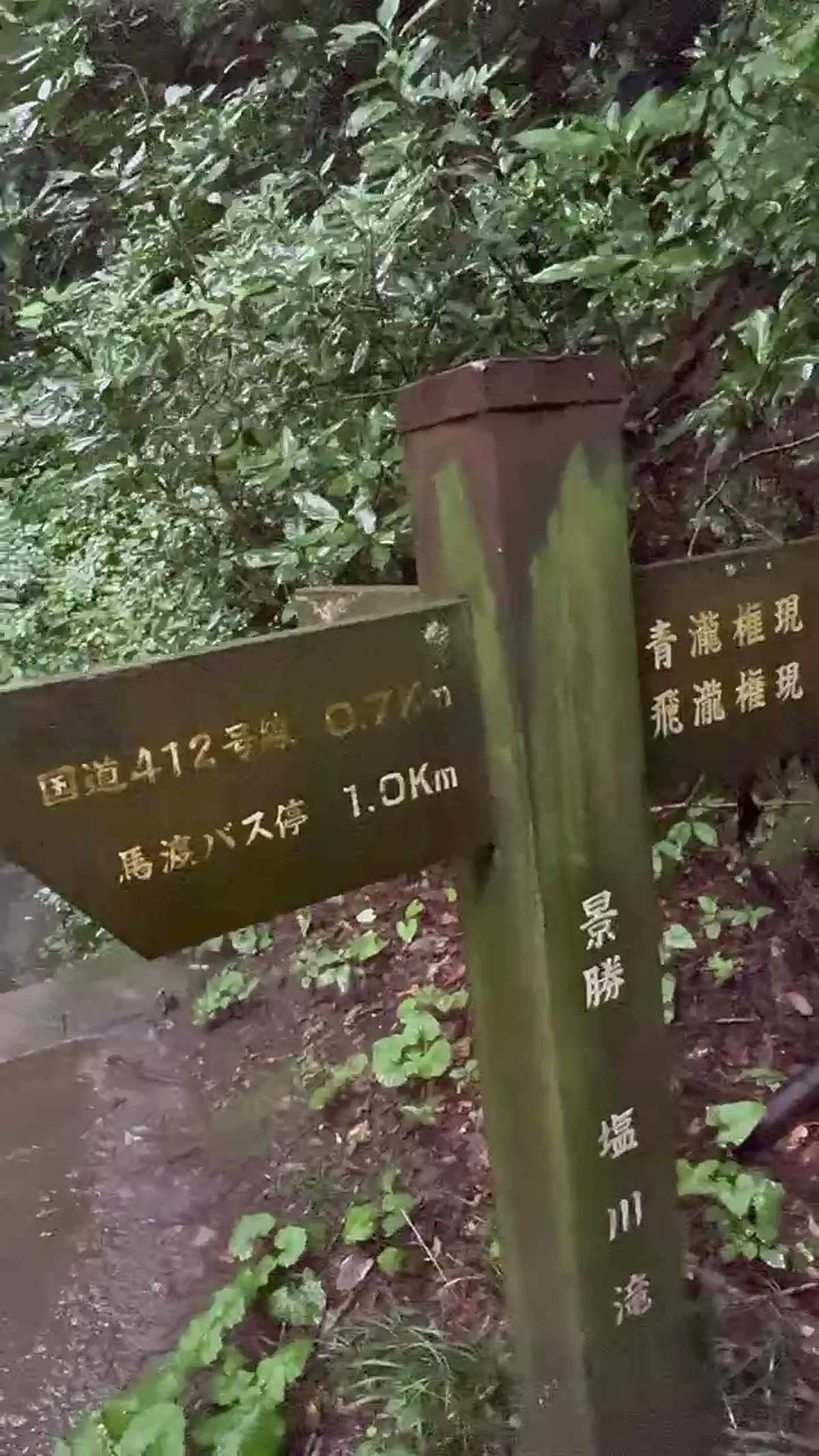 滝の遊歩道に立つ木の道標。景勝 塩川滝、国道412号線0.7km、馬渡バス停1.0Km、青瀧権現・飛瀧権現と書かれている