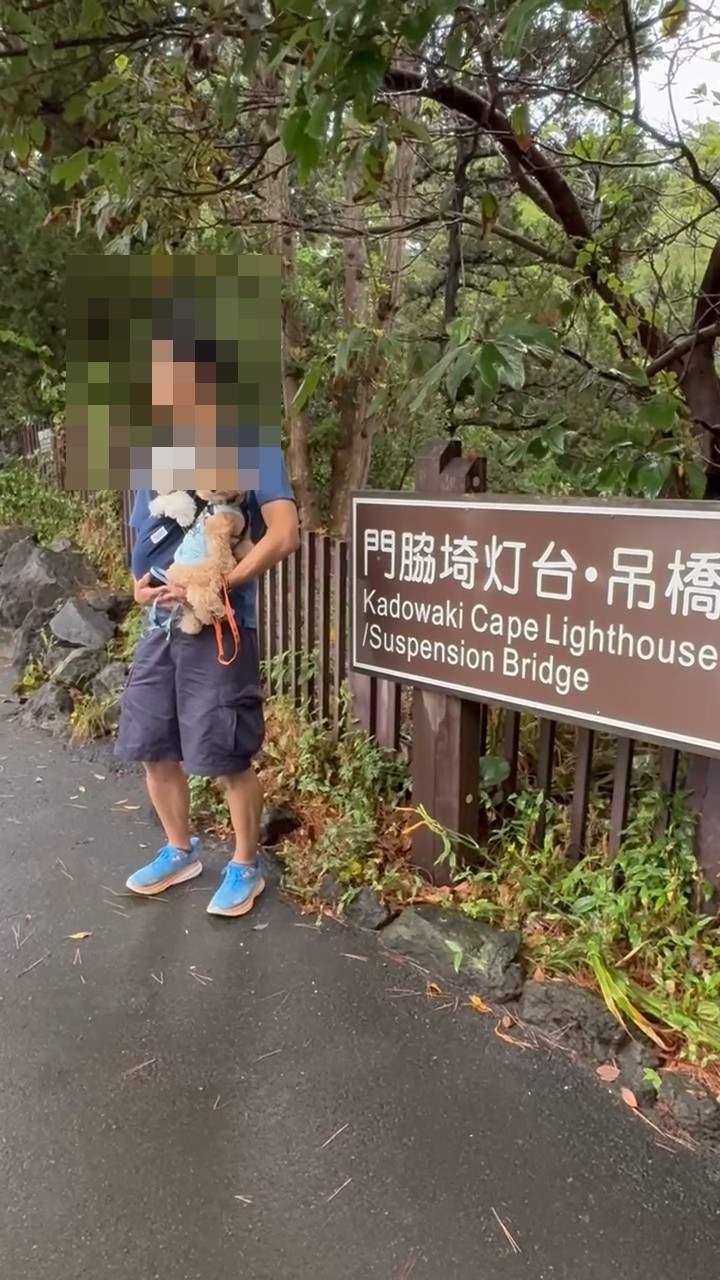 門脇埼灯台・吊橋の案内標識と犬を抱いた人